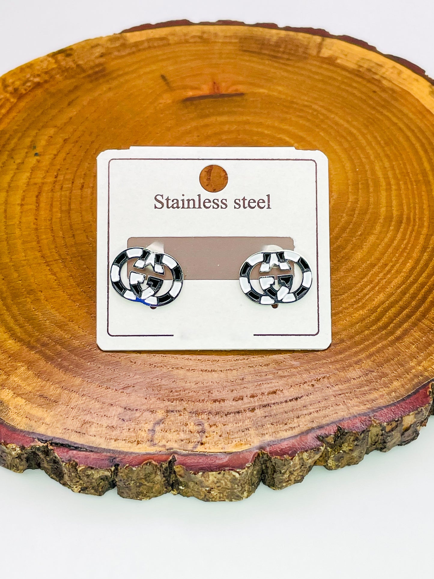 Gucci GG Logo Black & White Silver Stud Earrings