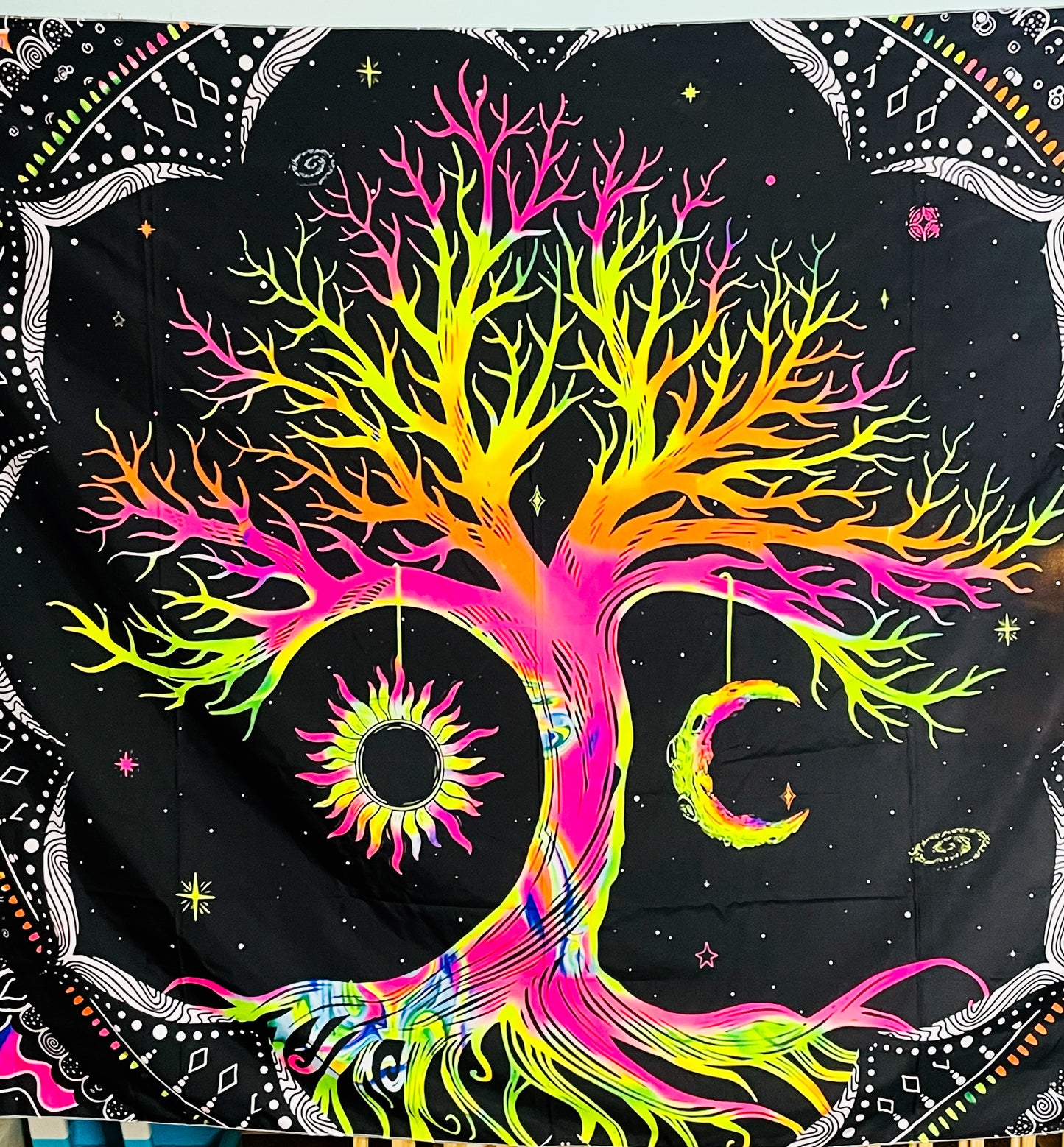 UV Blacklight Reactive Glow in the Dark Tree of Life Sun & Moon Tapestry
