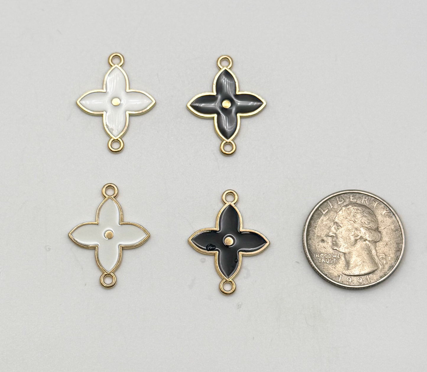 Black & White Enamel Clover Flower DIY Connector Metal Charms