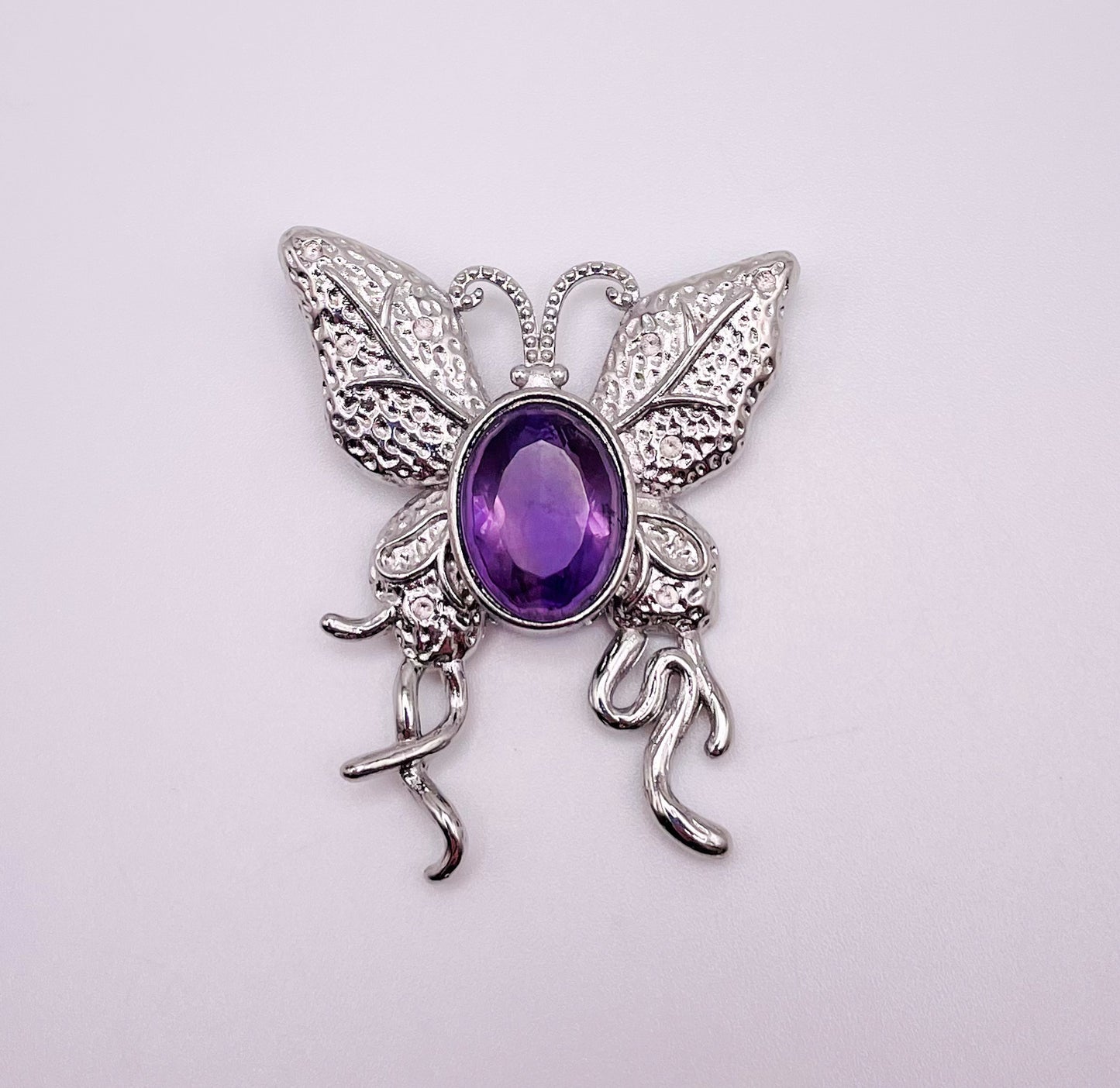 Big Silver Butterfly Amethyst Gem Pendant