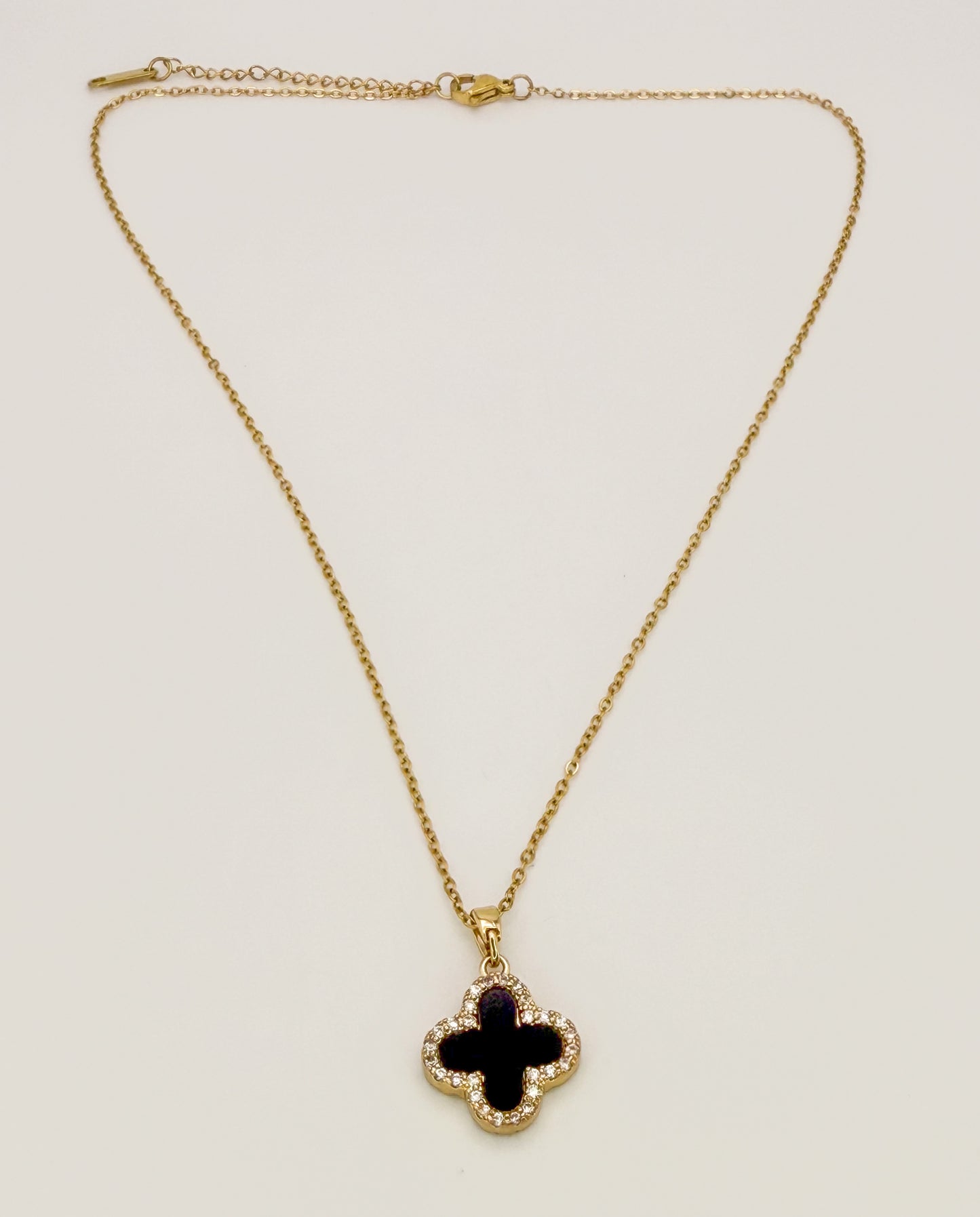 LV Black/White Front & Back Reversible Clover Gold Adjustable Stainless Steel Necklace