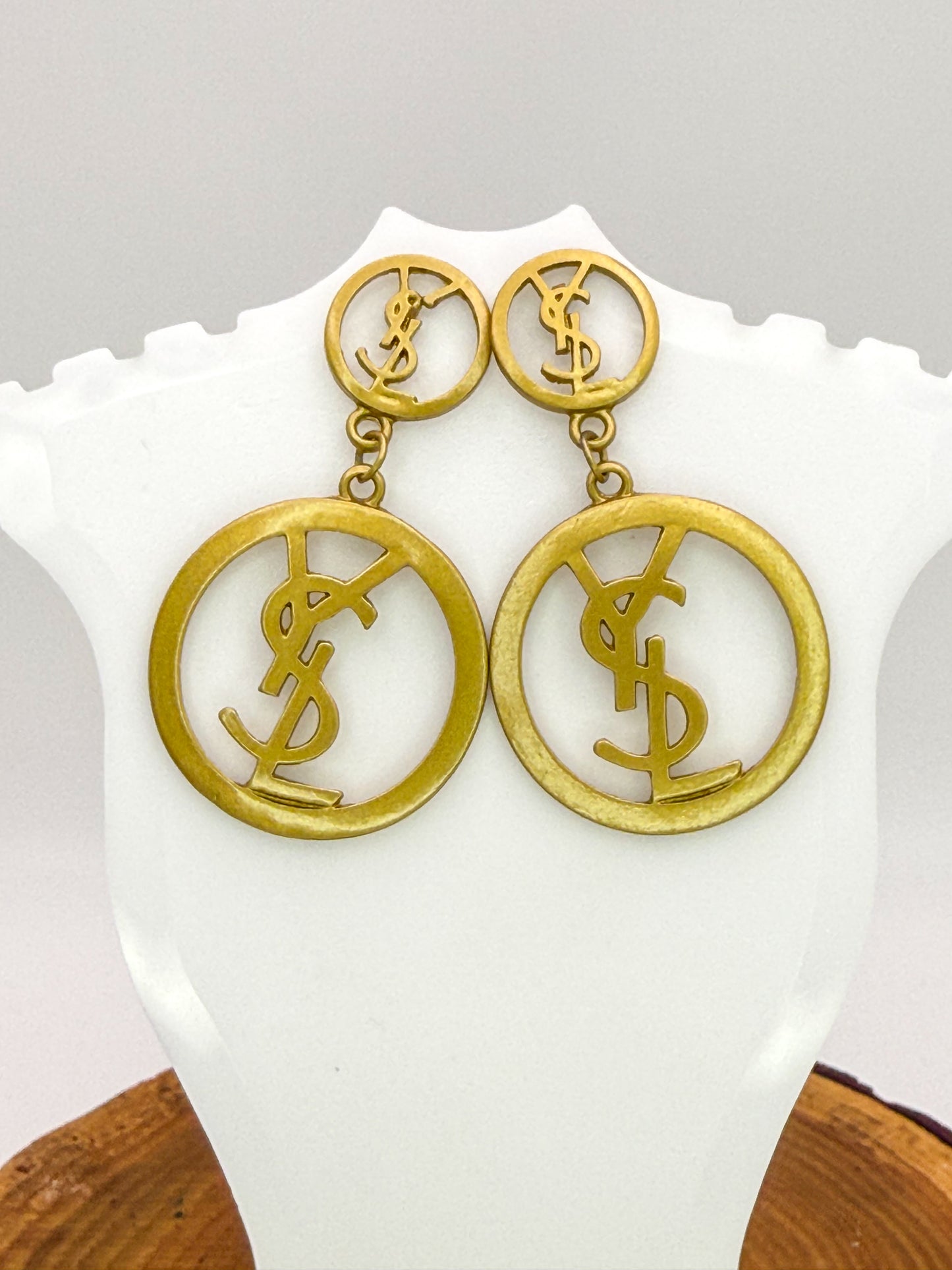 Gold YSL Designer Statement Stud Dangle Earrings