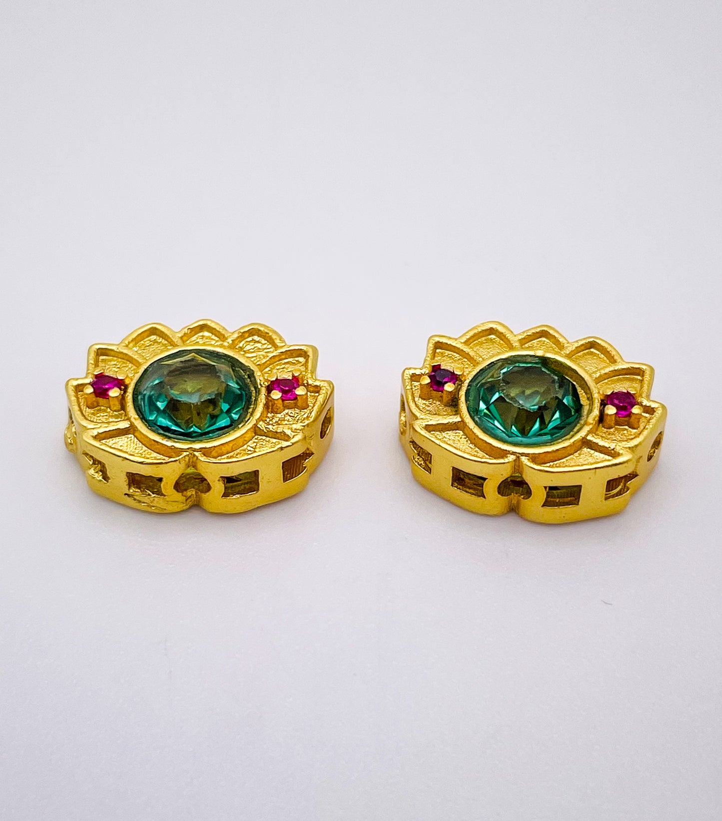 Gold Lotus Charm Bead with Big Green & Micro Pave Red Zircon Gems