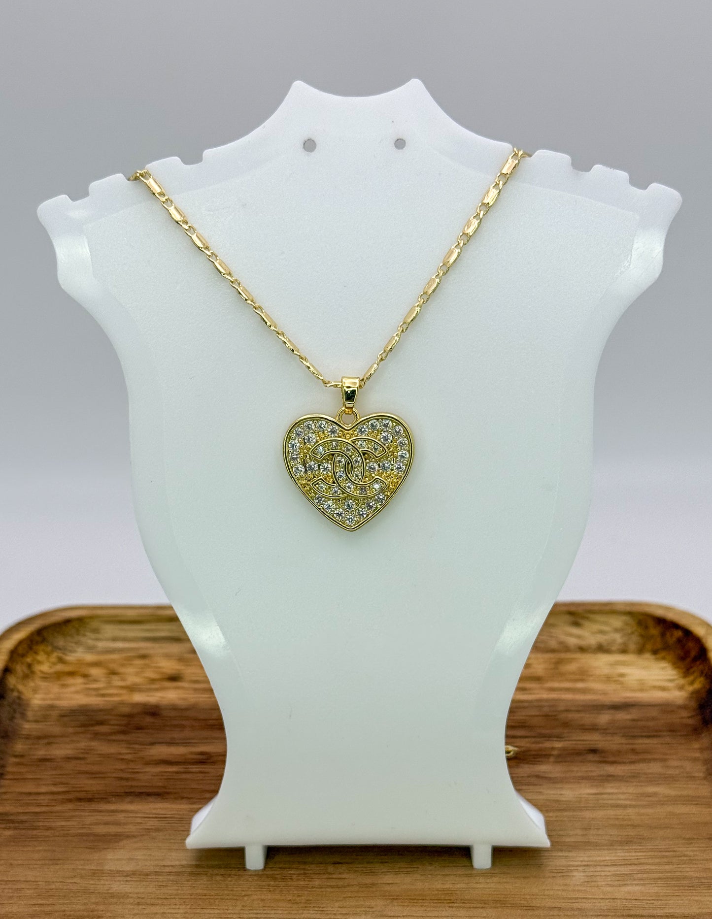 Sparkling Gold CC Heart Pendant on 24k Gold Filled Necklace Chain