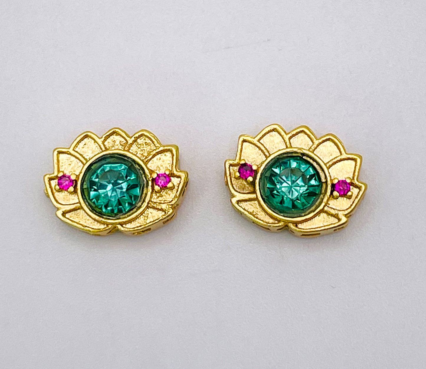 Gold Lotus Charm Bead with Big Green & Micro Pave Red Zircon Gems