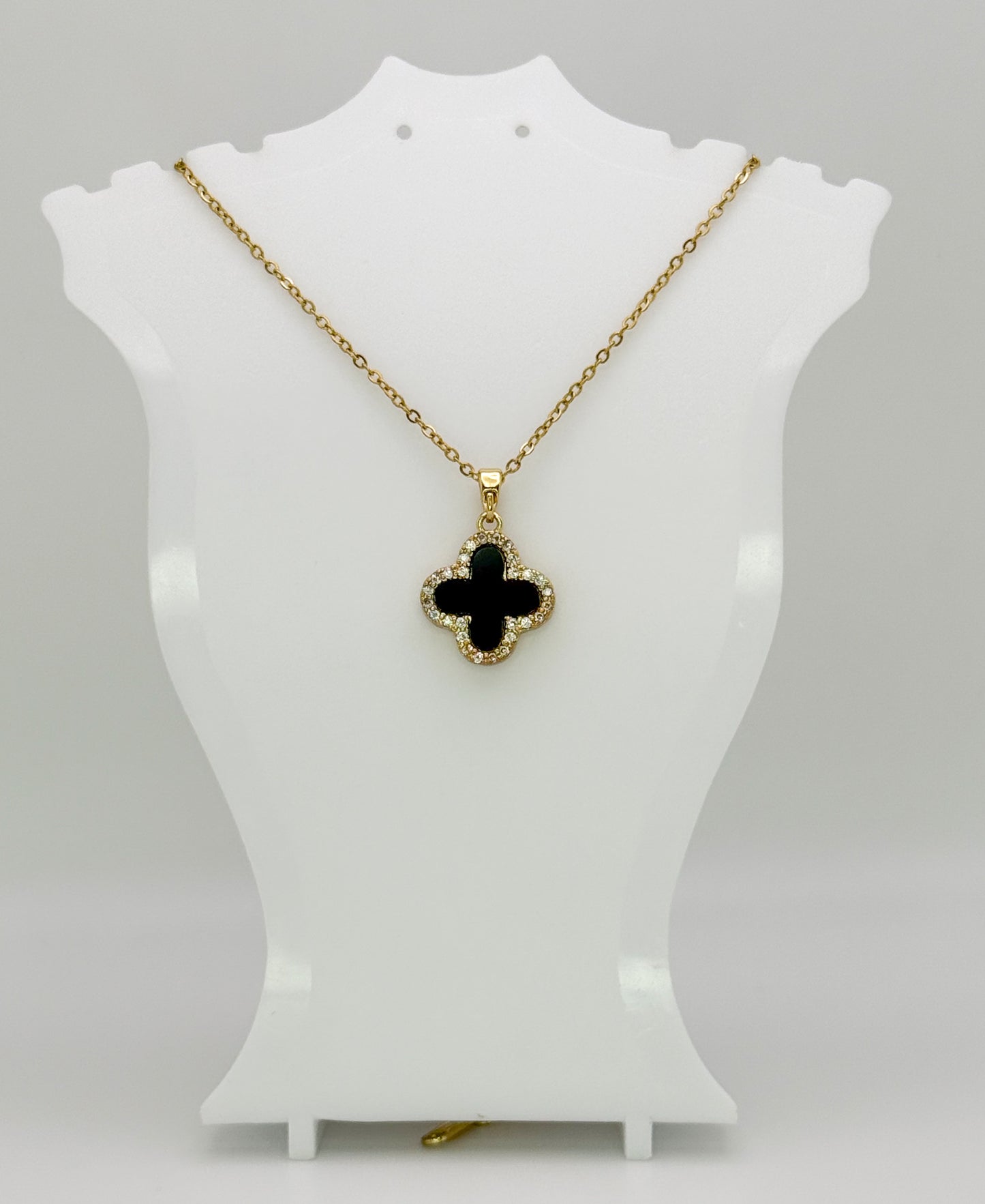 LV Black/White Front & Back Reversible Clover Gold Adjustable Stainless Steel Necklace