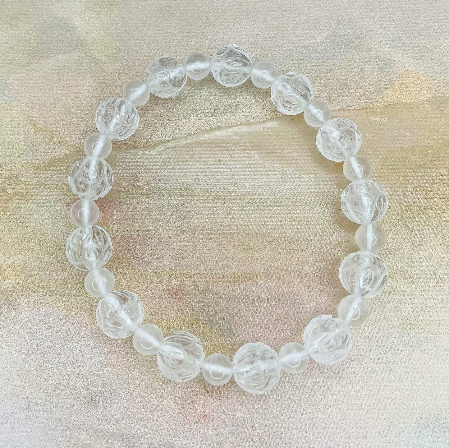 Lotus Craved Natural Clear Quartz Crystal Beaded Bracelet