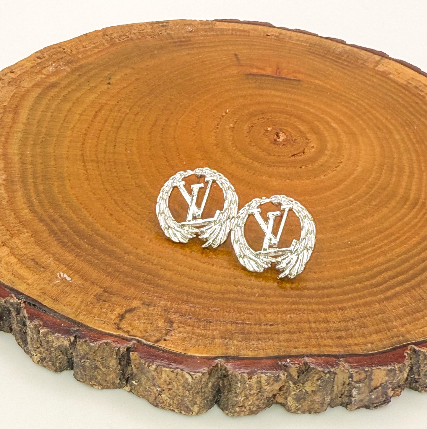 Silver LV Designer Feathered Round Stud Earrings