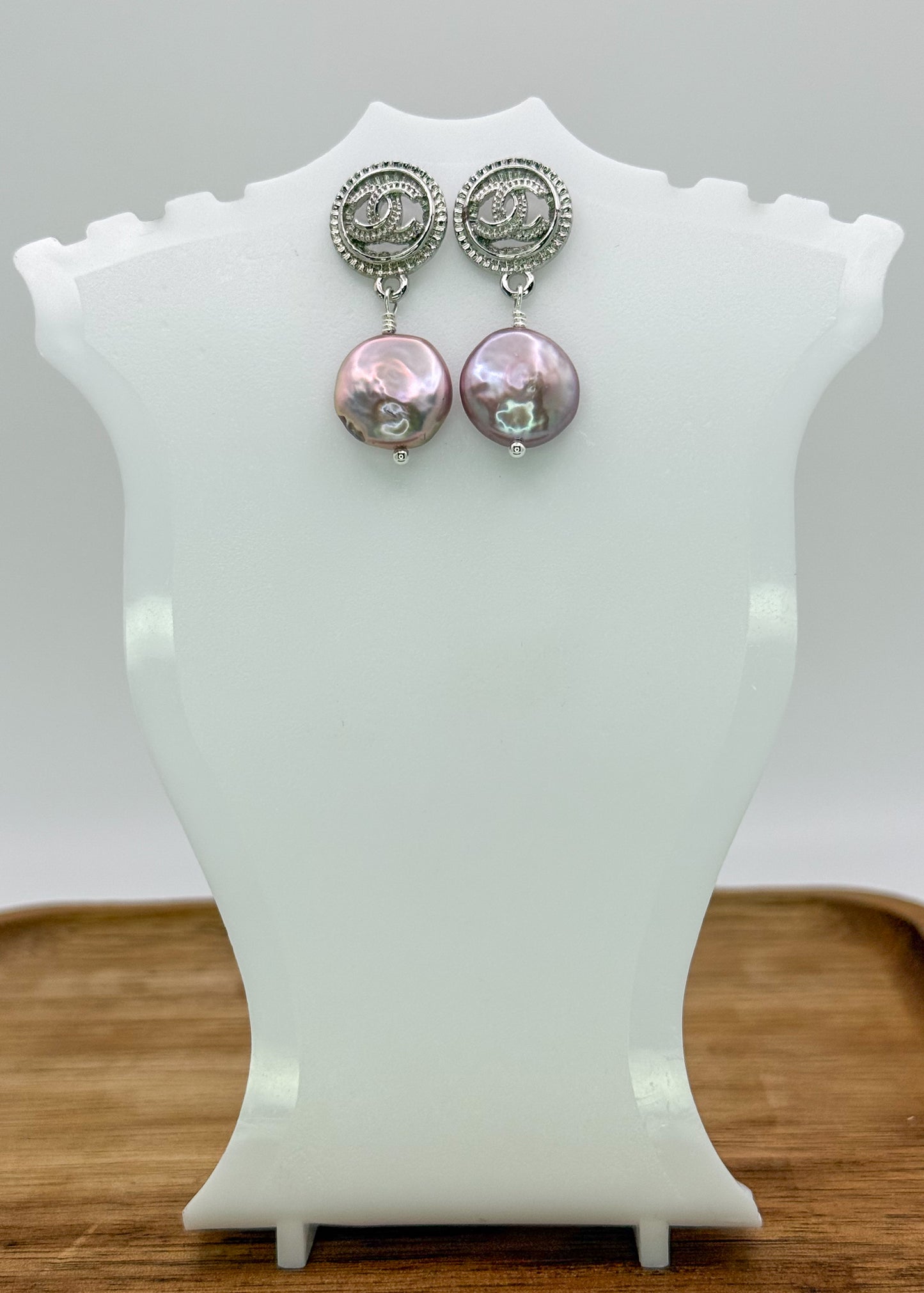Silver CC Designer Stud Earrings with Dangling Freshwater Pearls