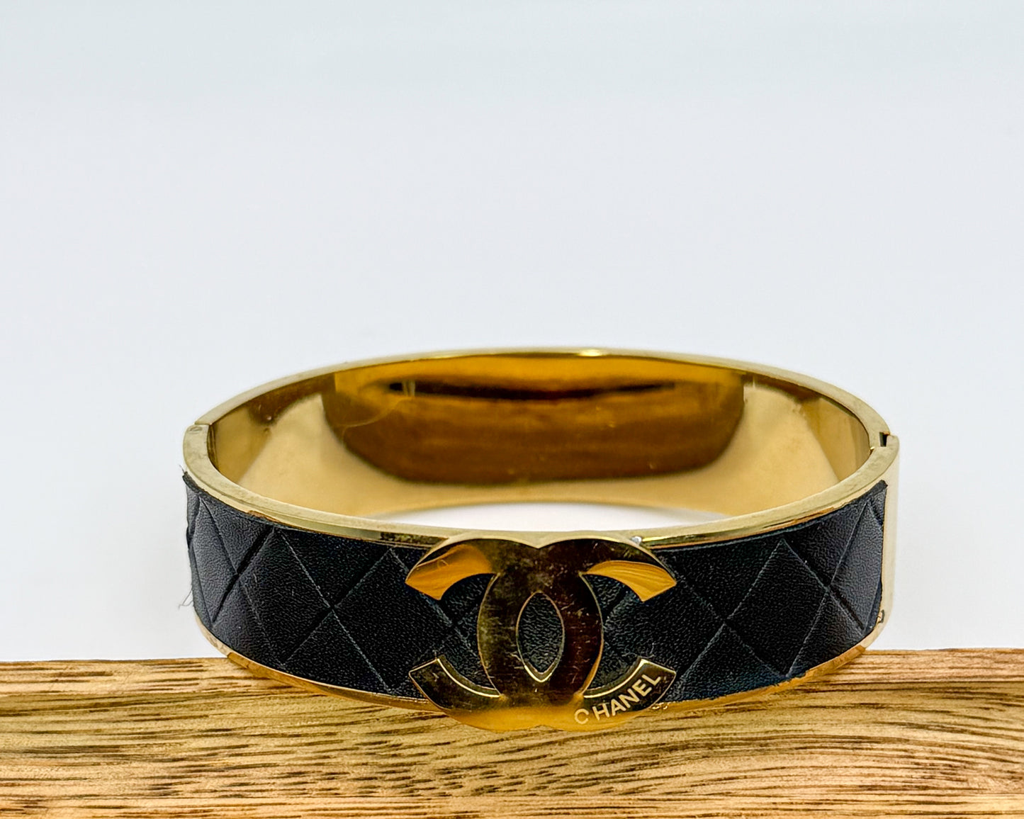 Thick Gold CC Bangle Bracelet with Leather Wrap