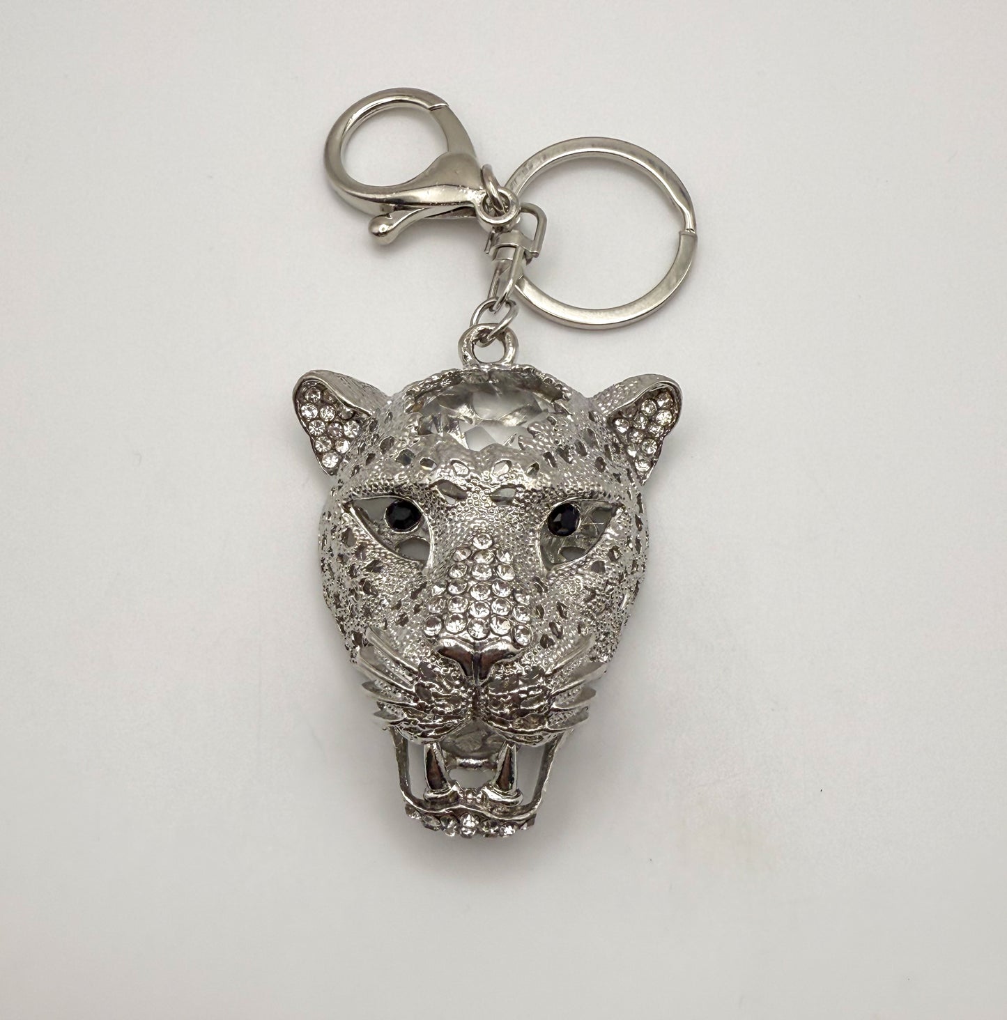 Silver Leopard Head with Huge Zircon on top of head Keychain