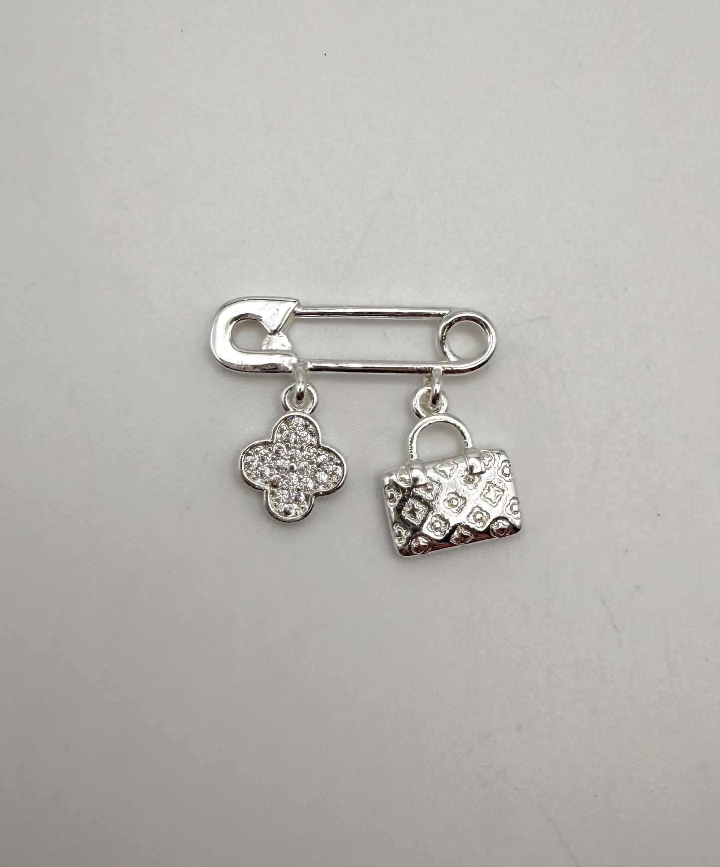 LV Inspired Clover & Purse Silver or Gold Safety Pin Dangle Charm Pendant