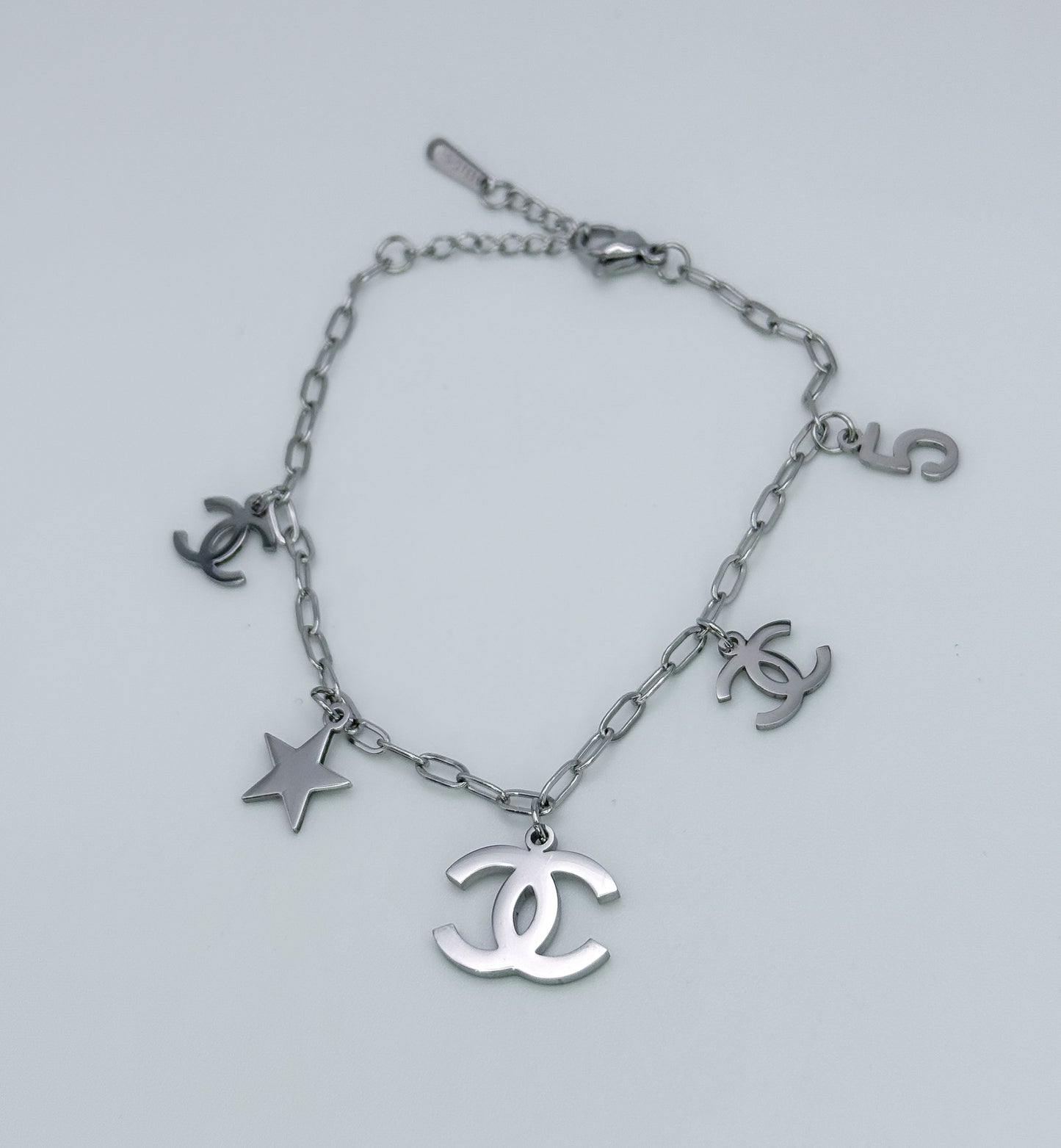 Silver CC Designer Stainless Steel Adjustable Bracelet