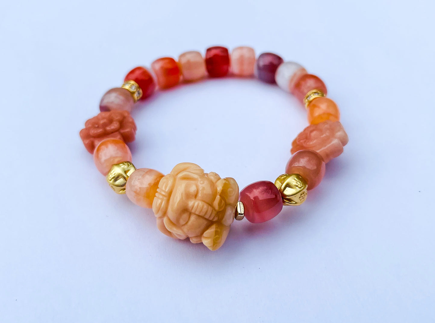 Natural Orange Botswana Agate with Natural Alashan Agate Baby Elephant Crystal Carving Beaded Stretch Adjustable Bracelet