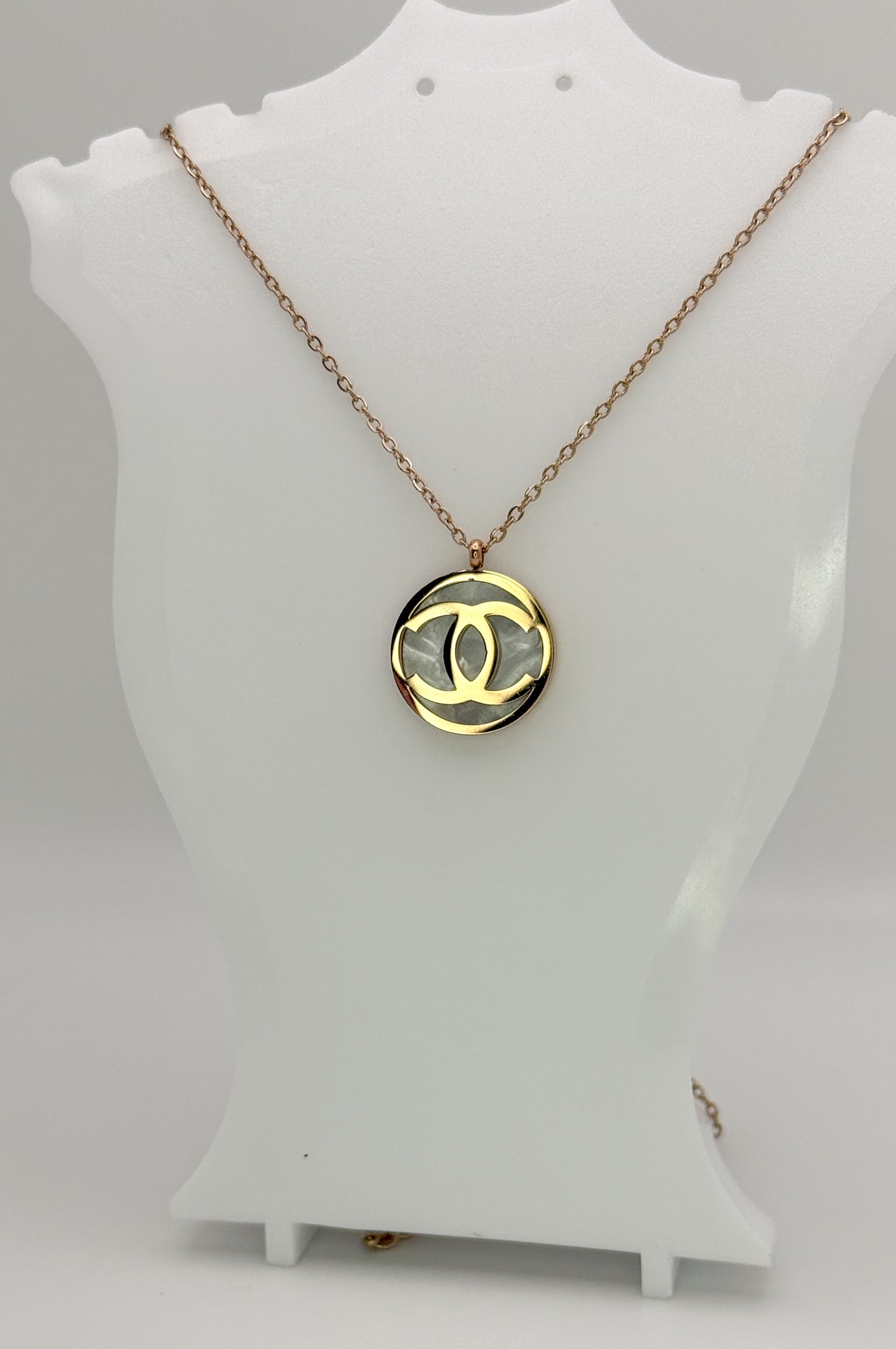 Rose Gold CC Mother of Pearl Pendant Stainless Steel Necklace