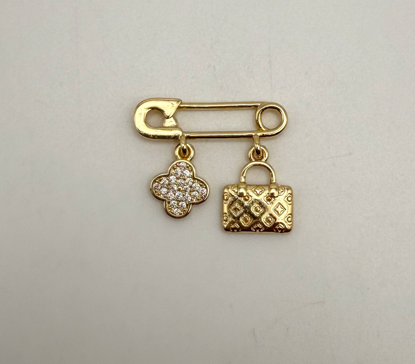 LV Inspired Clover & Purse Silver or Gold Safety Pin Dangle Charm Pendant