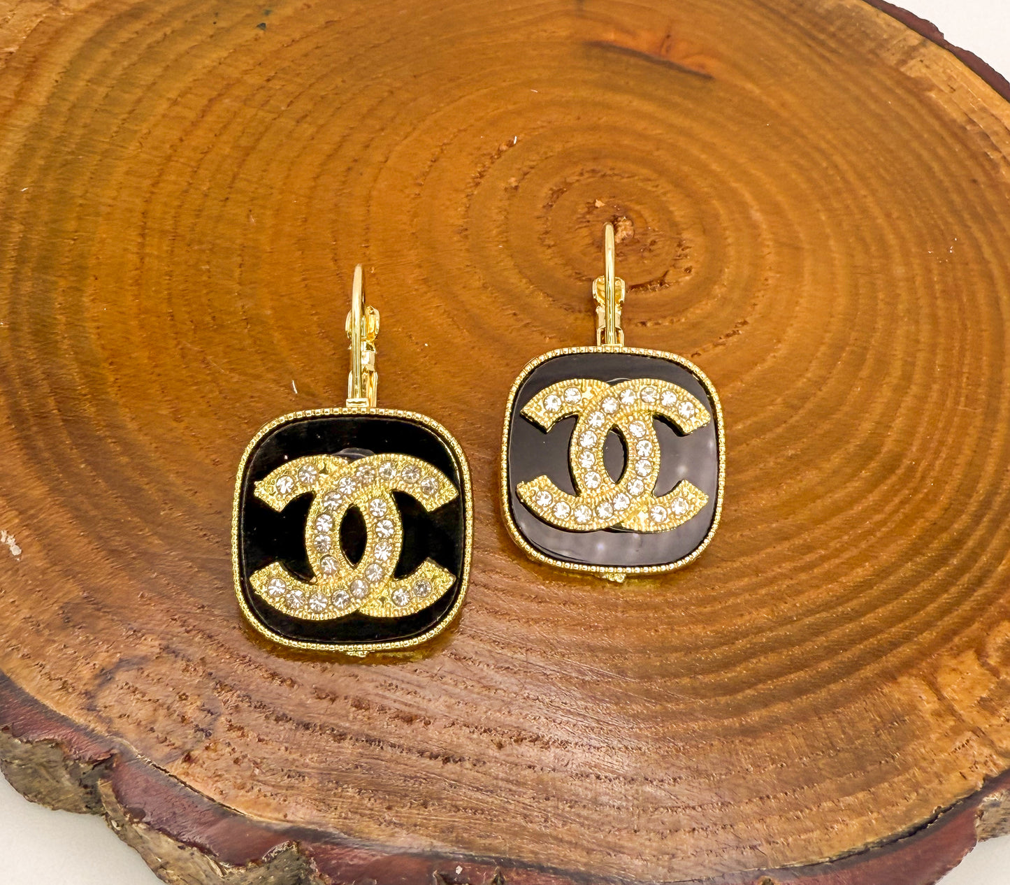 Gold w/ Black Enamel CC Designer Drop Earrings