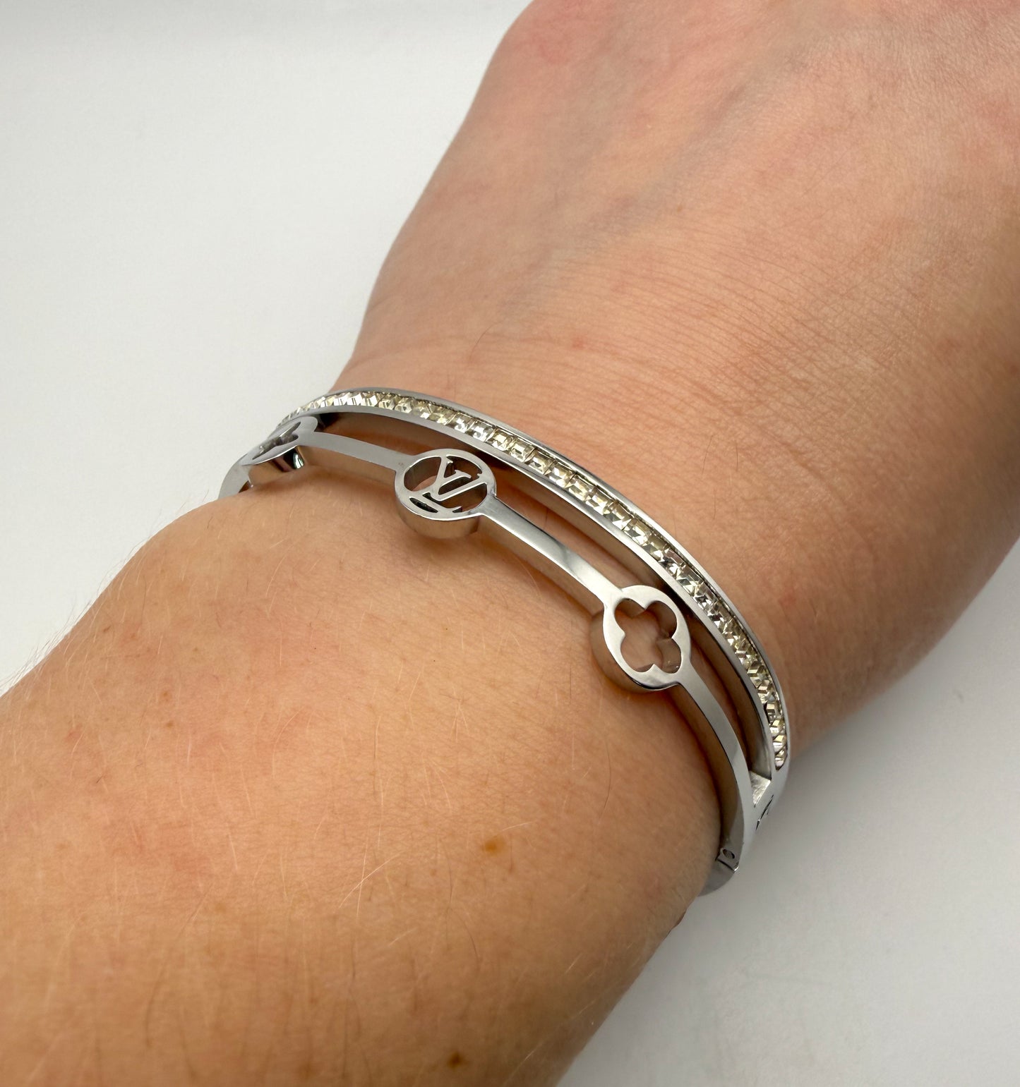 Silver Stainless Steel LV Designer with Rhinestones Bangle Bracelet