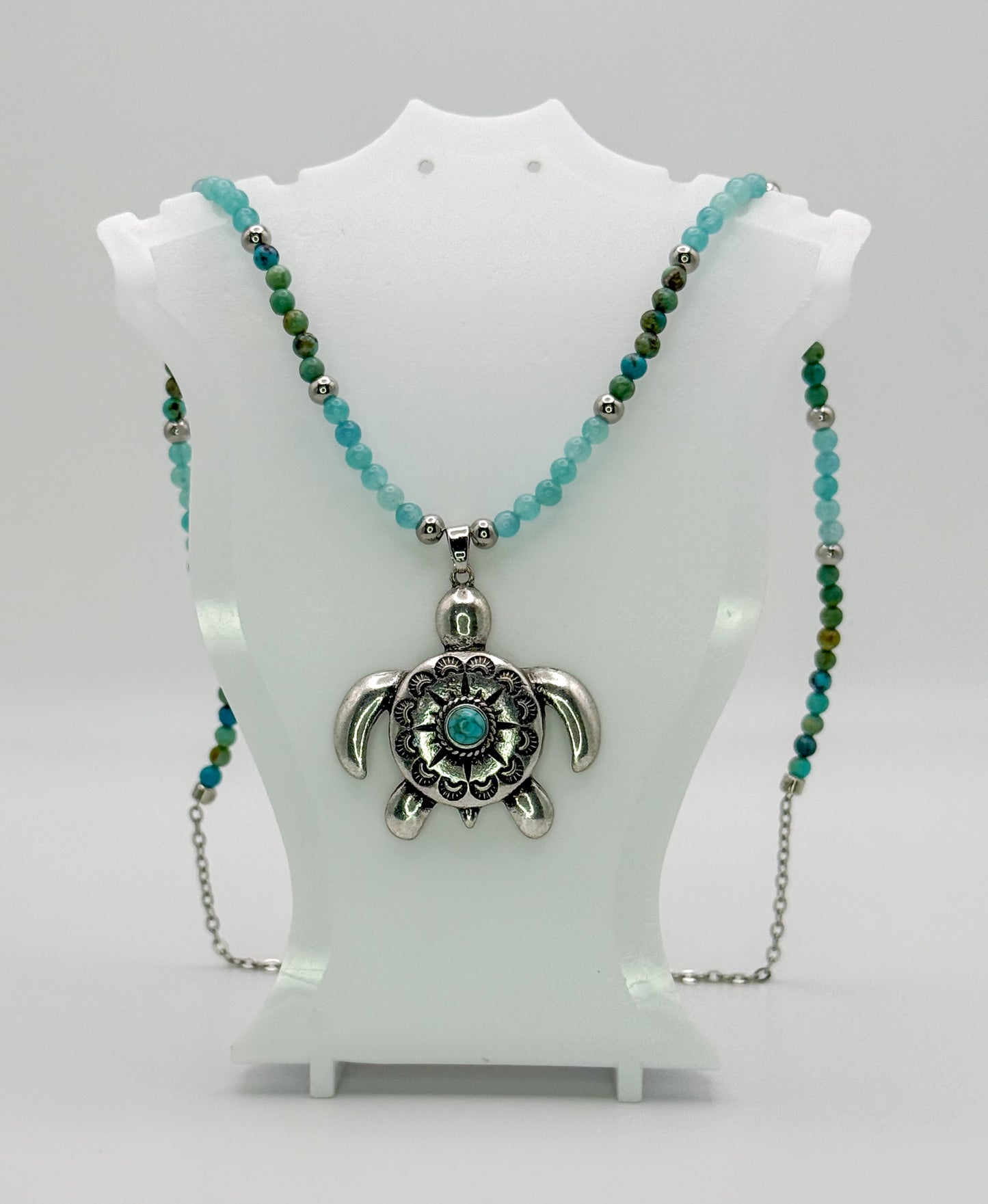 Natural Turquoise & Amazonite Crystal Beaded Necklace with Silver Sea Turtle Pendant