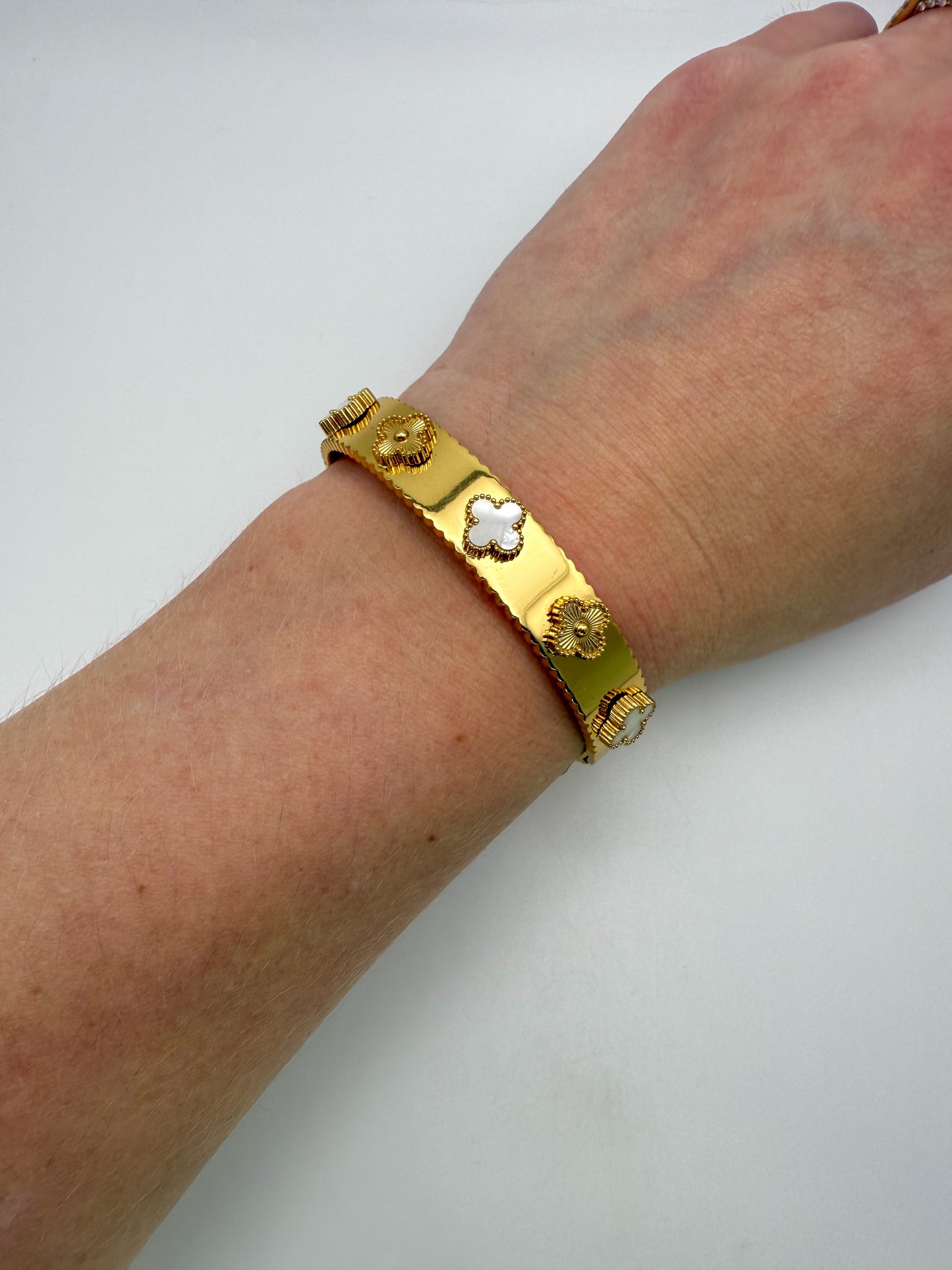 Gold with Mother of Pearl Shell Clover Bangle Bracelet