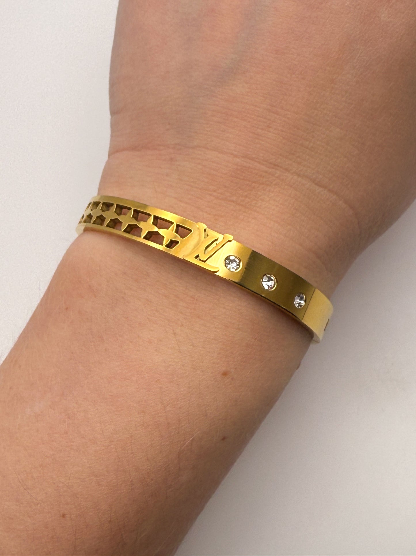 High Quality LV Designer Gold Stainless Bangle Bracelet with Mini Designer Stamp