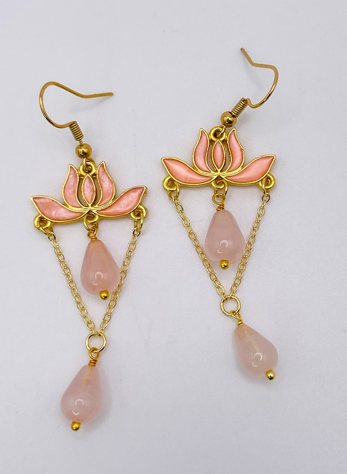Gold Colorful Lotus Earrings with Natural Crystal Beaded Teardrops
