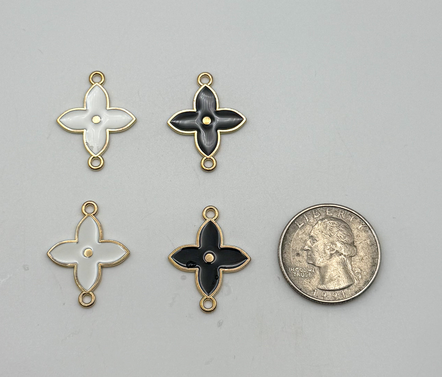 Black & White Enamel Clover Flower DIY Connector Metal Charms