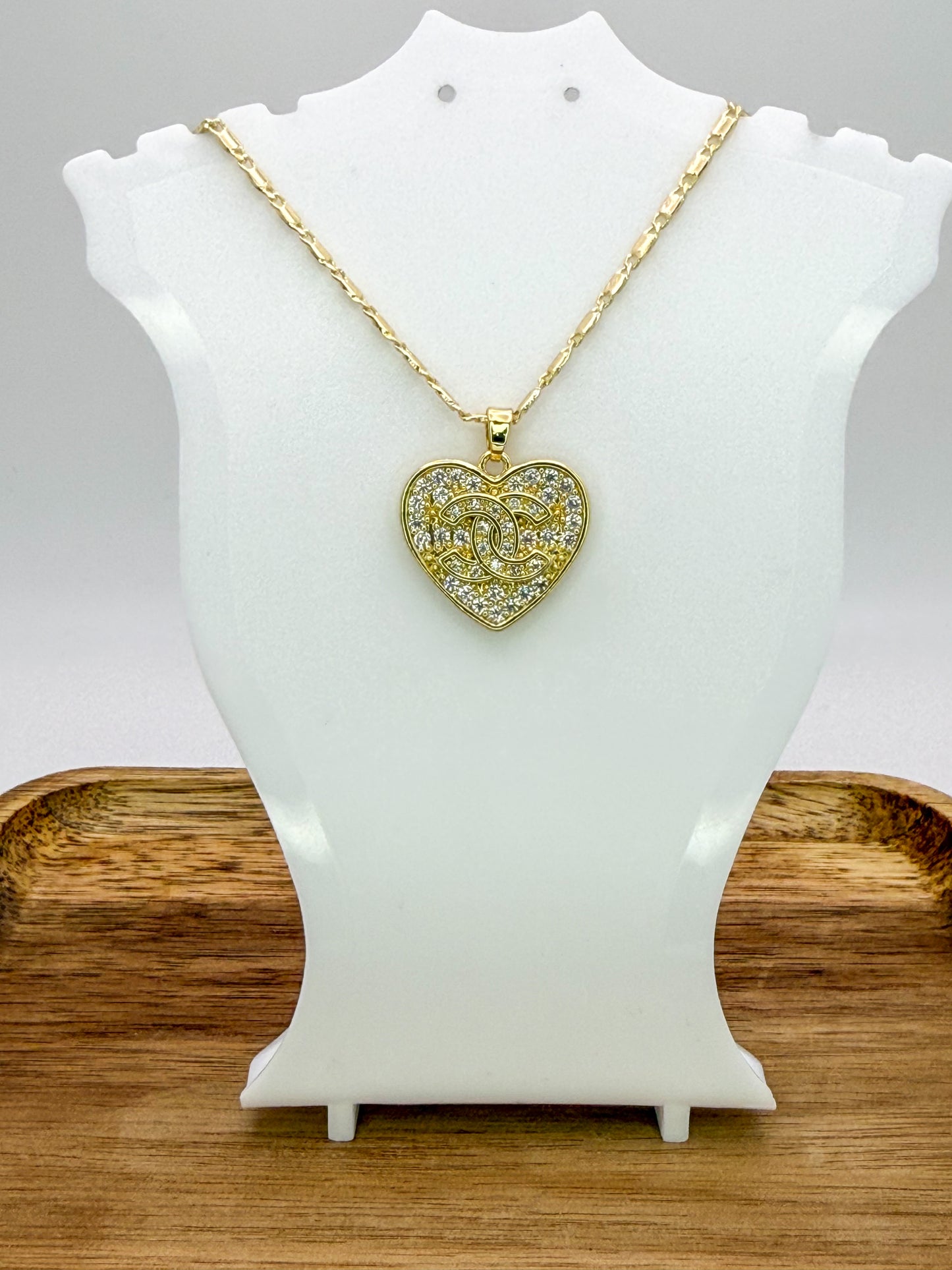 Sparkling Gold CC Heart Pendant on 24k Gold Filled Necklace Chain