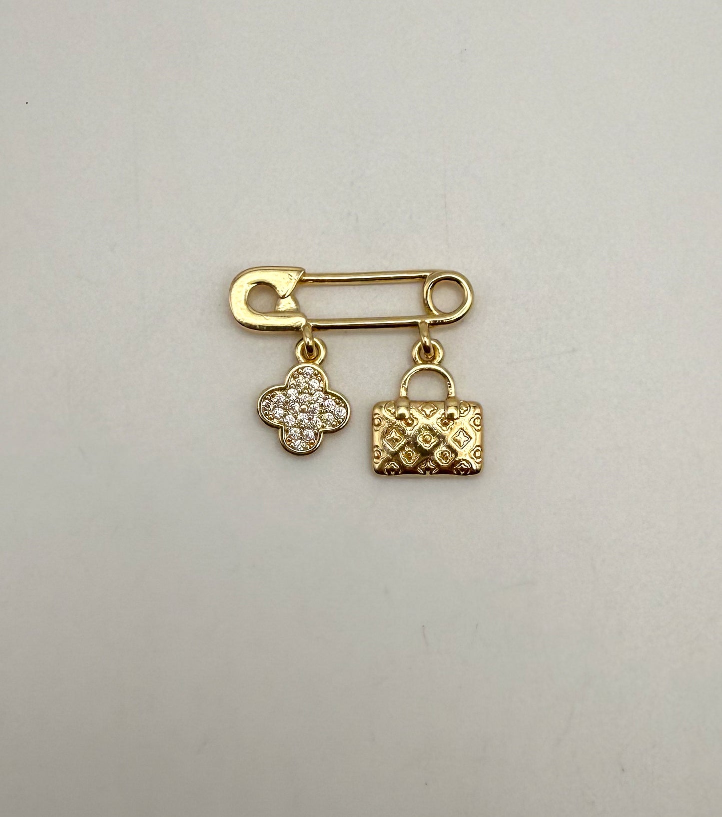 LV Inspired Clover & Purse Silver or Gold Safety Pin Dangle Charm Pendant