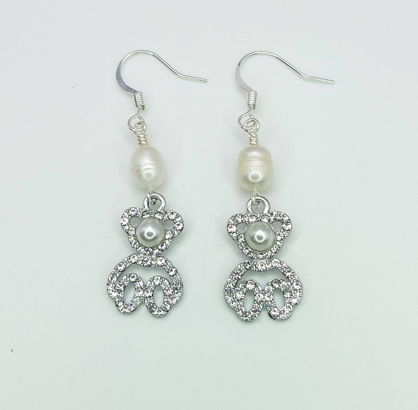 Silver Pearl Teddy Bear Earrings