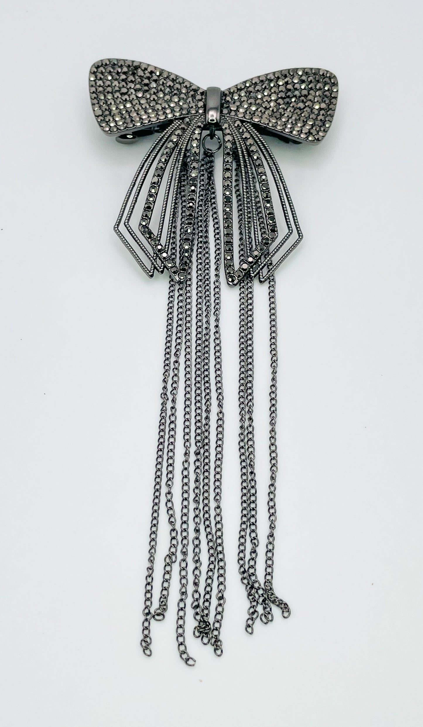 Black Bow Brochette with Dangling Black Chain; Hair Pin