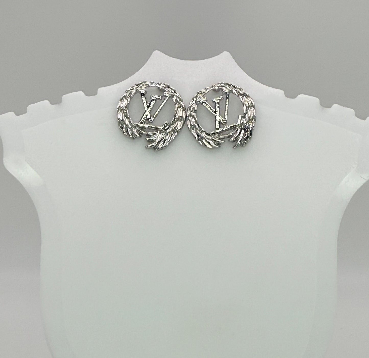 Silver LV Designer Feathered Round Stud Earrings