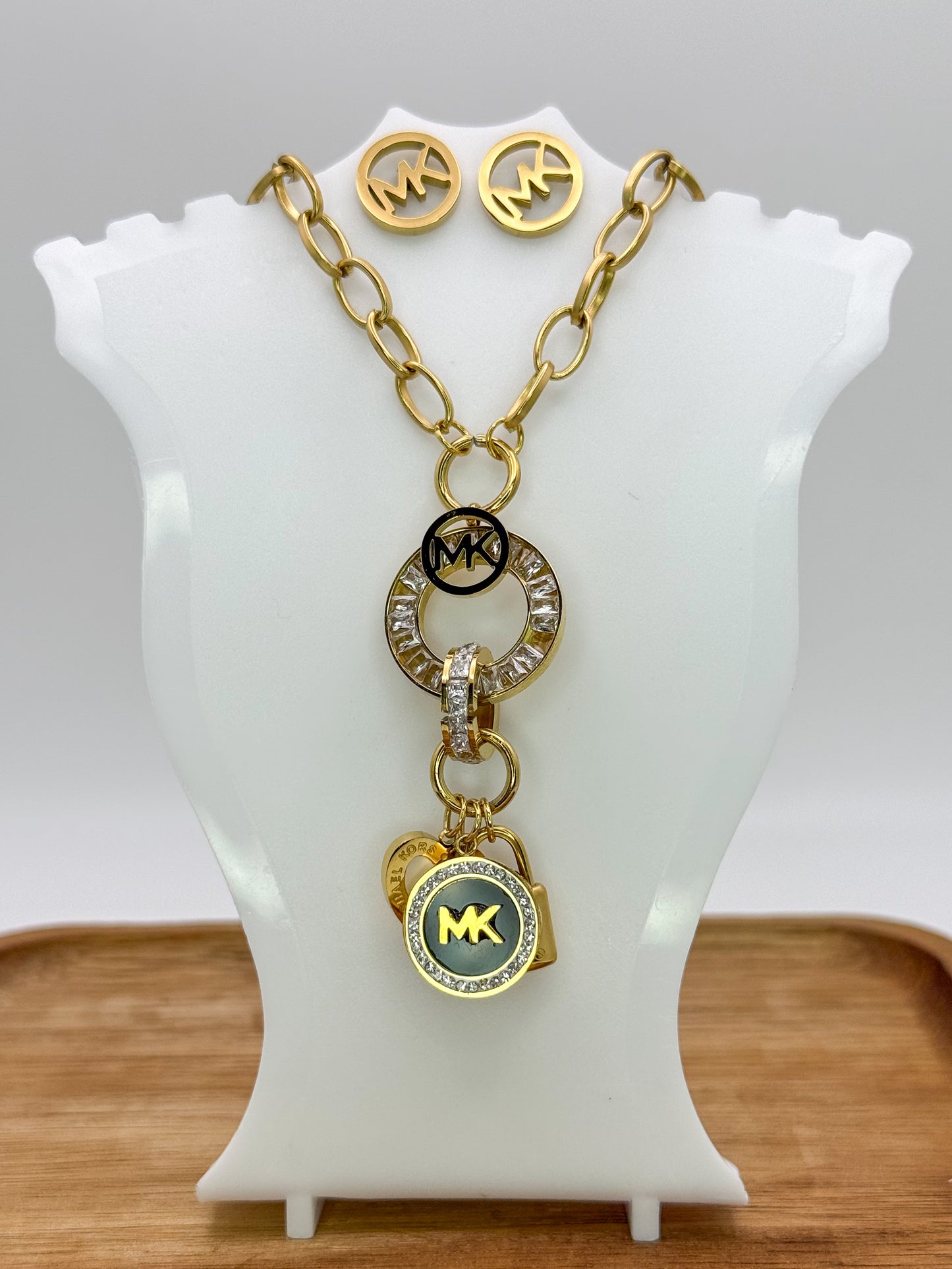 Gold Micheal Kors Designer Matching Necklace & Earrings Jewelry Set