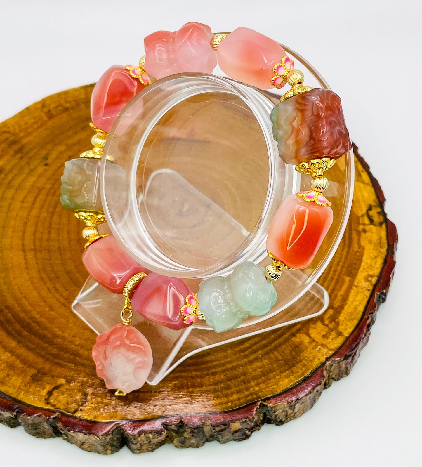 Natural Yanyuan Agate Peony Square Freeform Carving Adjustable Stretch Bracelet