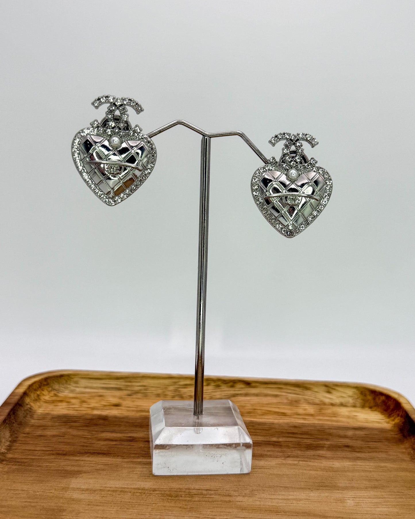 Silver CC Heart Stud Earrings- Stamped