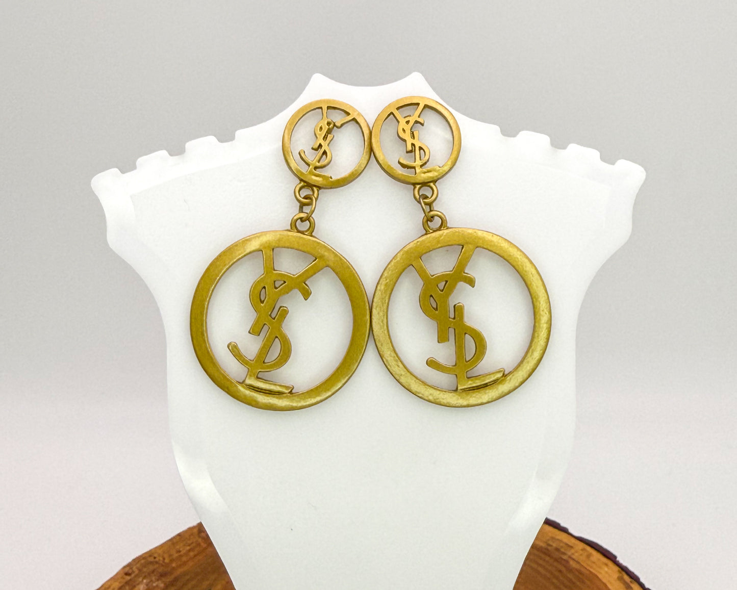 Gold YSL Designer Statement Stud Dangle Earrings