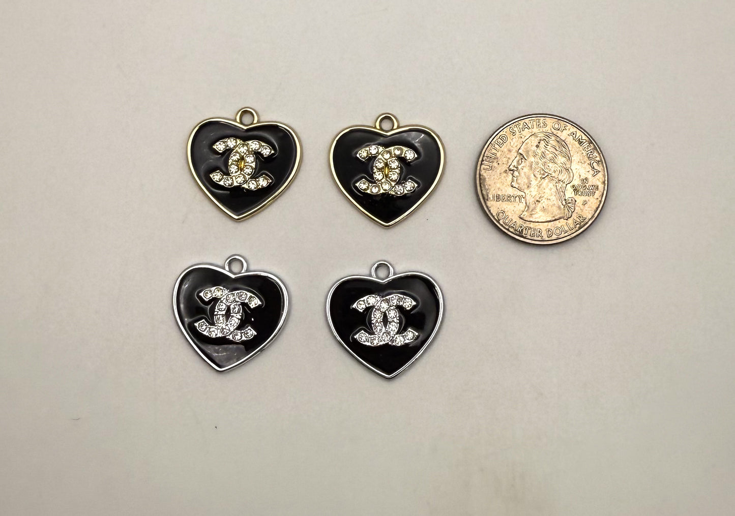 Solid Black CC Designer Heart Gold and Silver DIY Charms