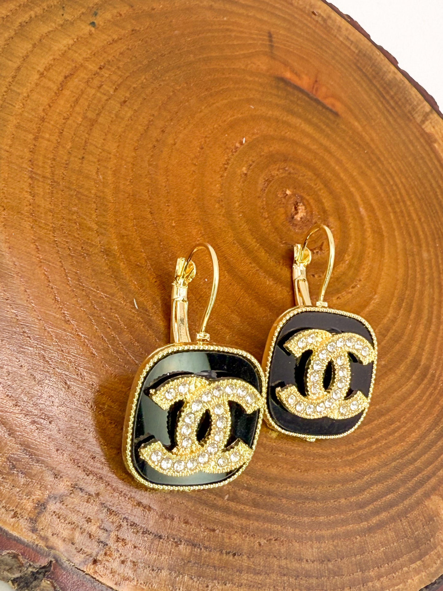 Gold w/ Black Enamel CC Designer Drop Earrings