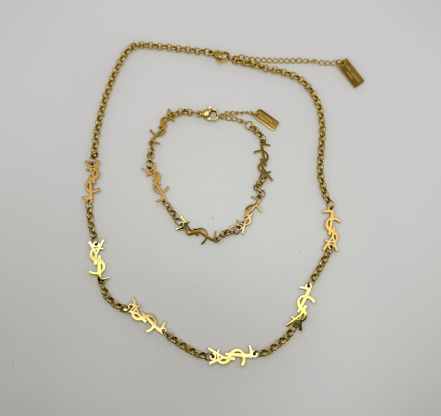 YSL Designer Gold Stainless Steel Matching Necklace & Bracelet Set