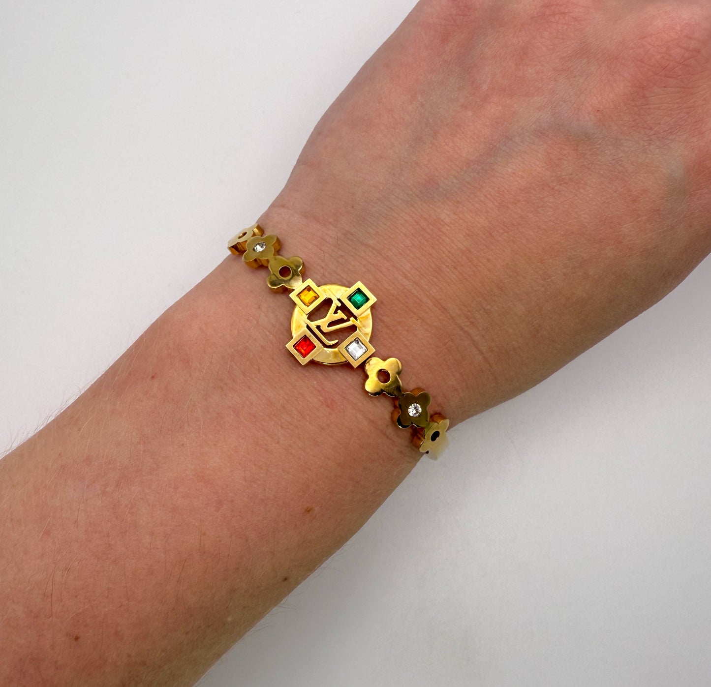 Gold LV Open Front Bangle Bracelet with Colorful Zircon