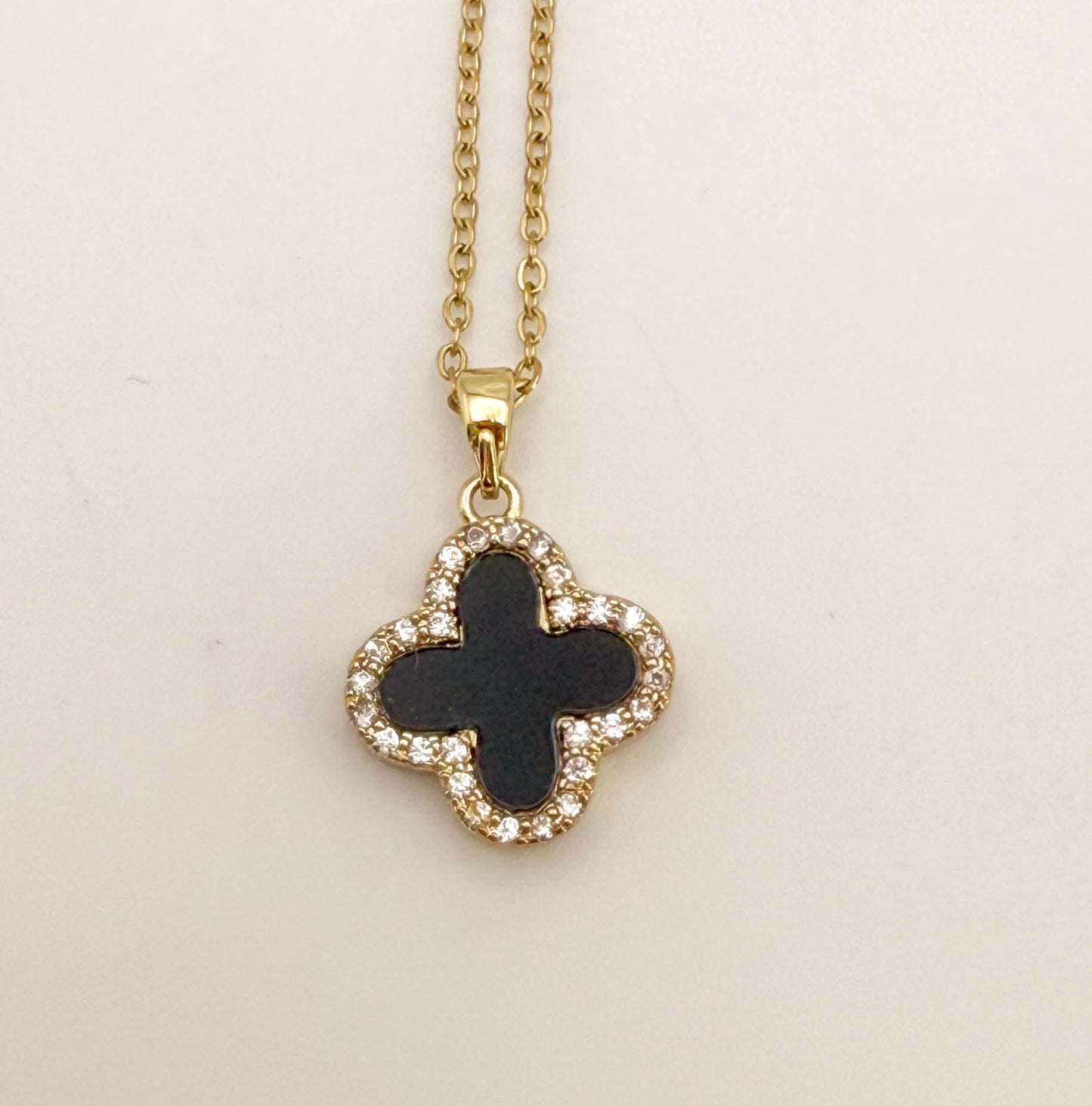 LV Black/White Front & Back Reversible Clover Gold Adjustable Stainless Steel Necklace