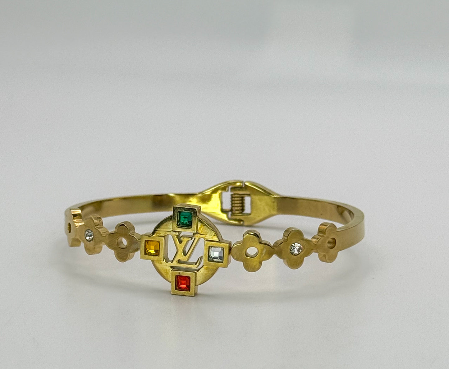 Gold LV Open Front Bangle Bracelet with Colorful Zircon