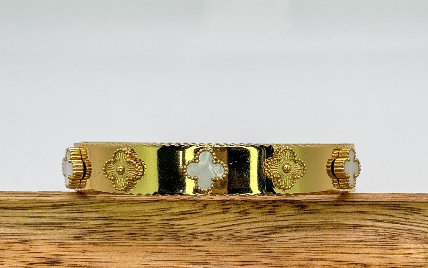 Gold with Mother of Pearl Shell Clover Bangle Bracelet