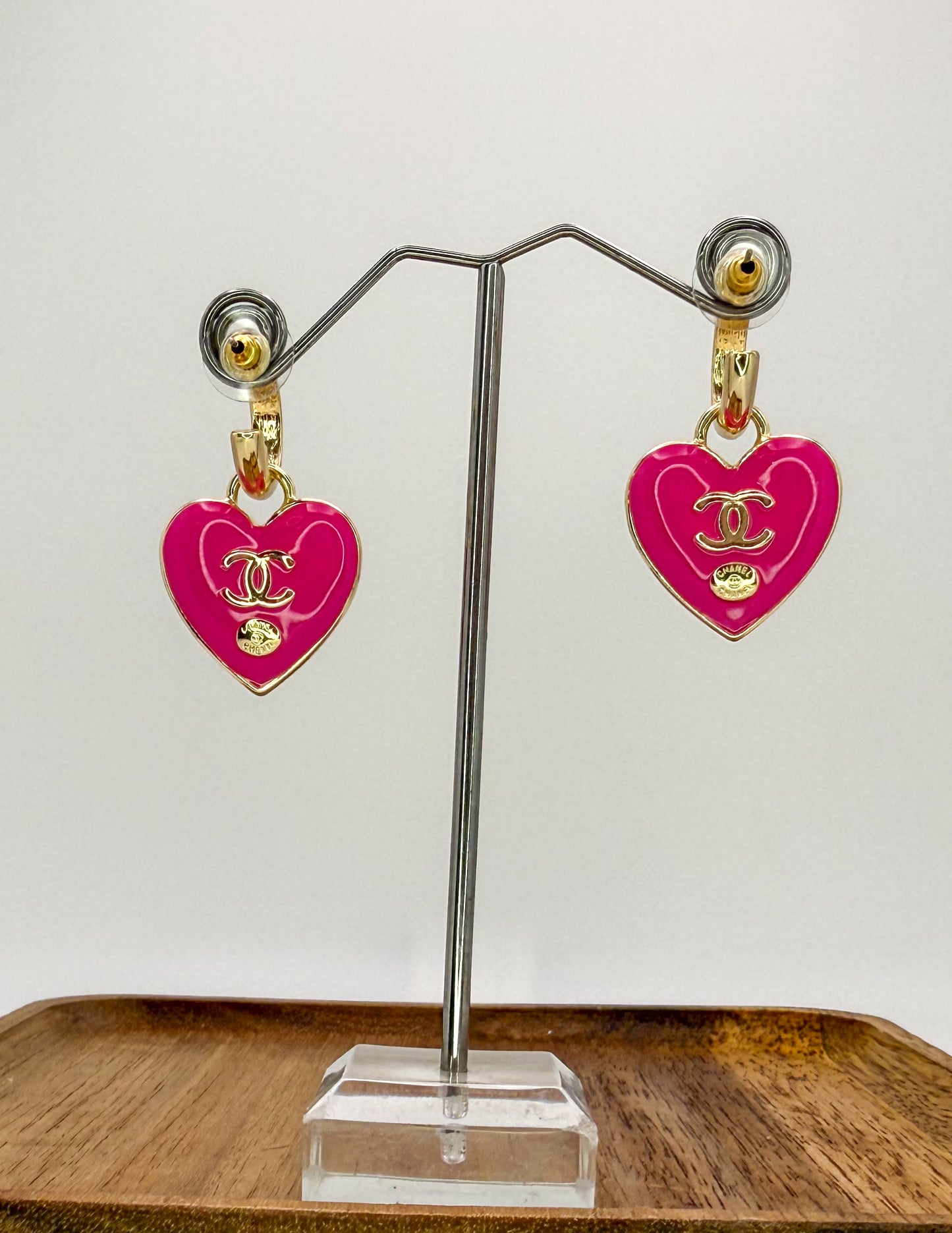 Gold & Hot Pink CC Designer Stud Dangle Hoop Earrings