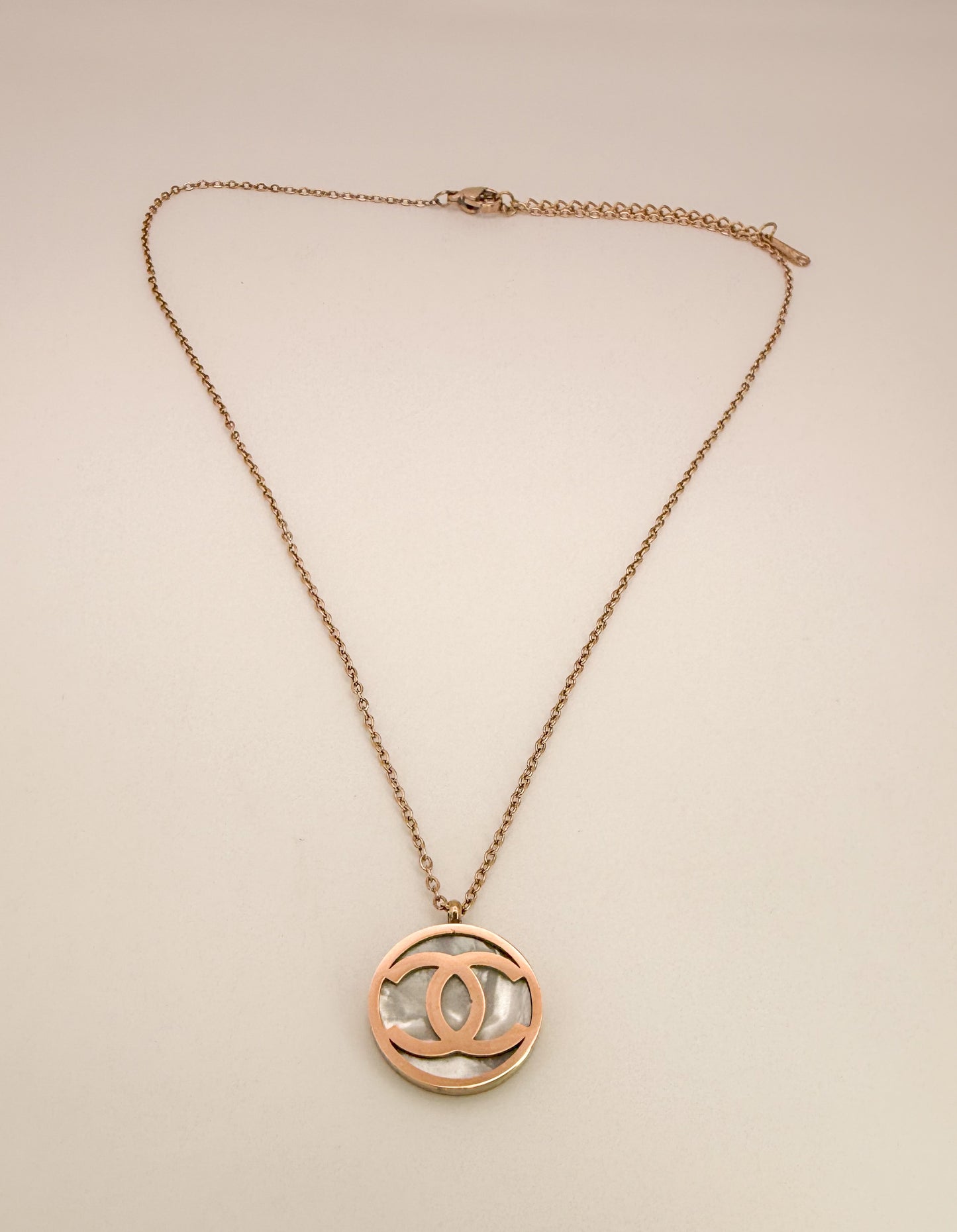 Rose Gold CC Mother of Pearl Pendant Stainless Steel Necklace