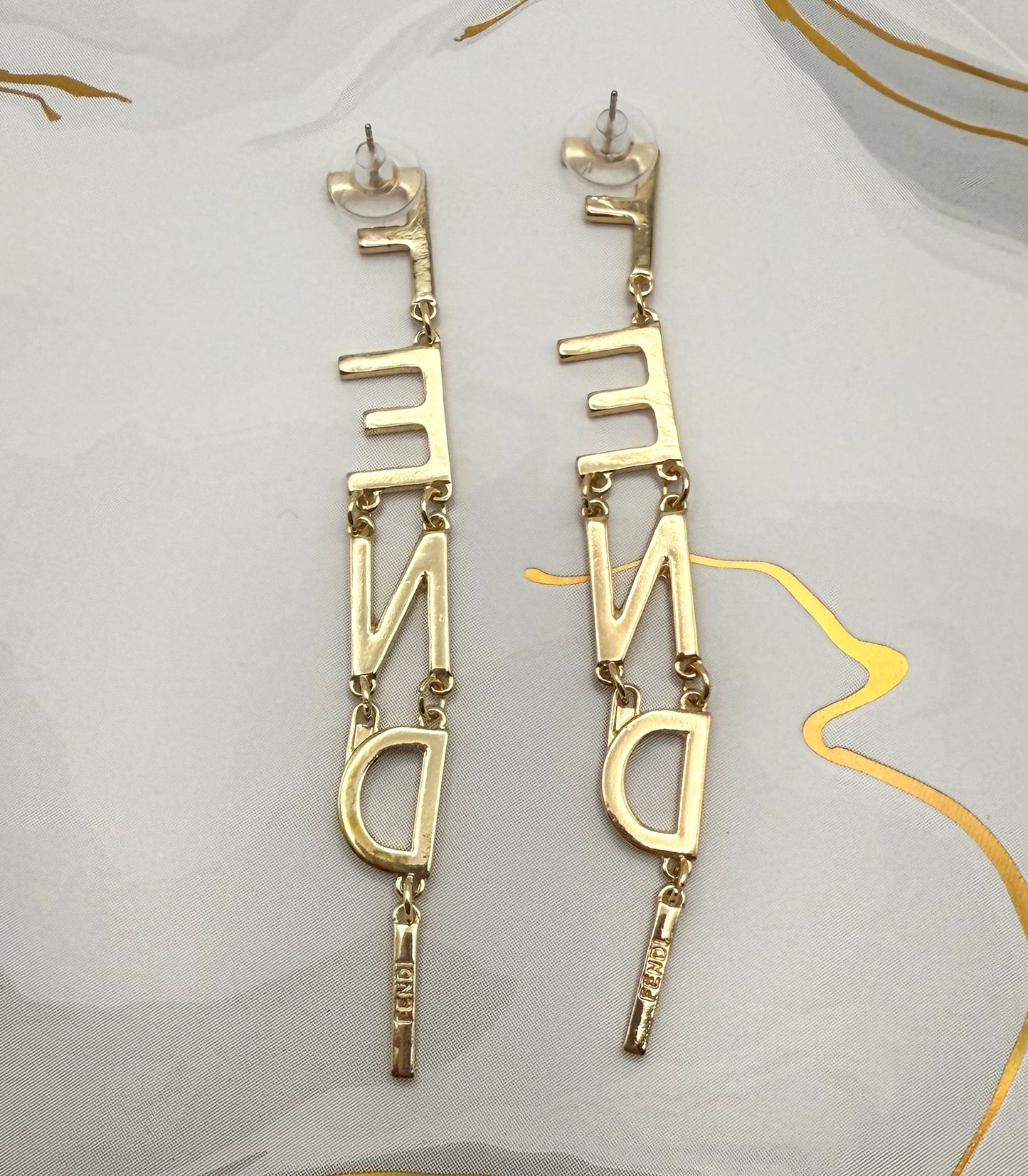 Long Gold Fendi Designer Dangle Stud Earrings