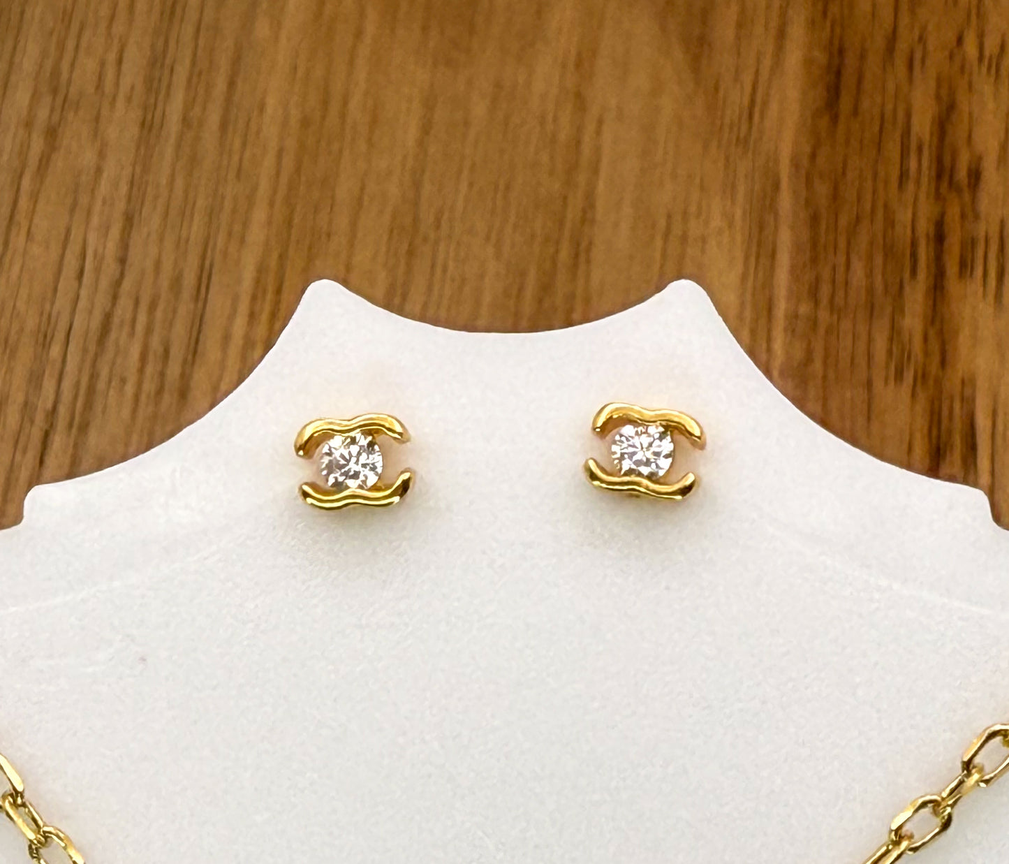 Gold CC Designer Round Pendant on 24k Gold Filled chain with Matching Gold CC Stud Earrings
