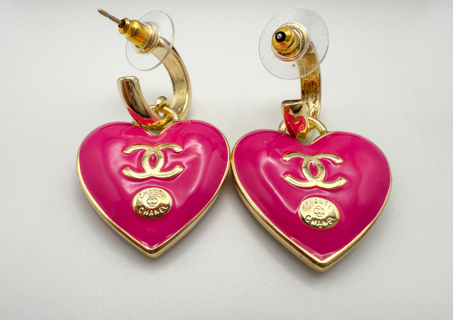Gold & Hot Pink CC Designer Stud Dangle Hoop Earrings