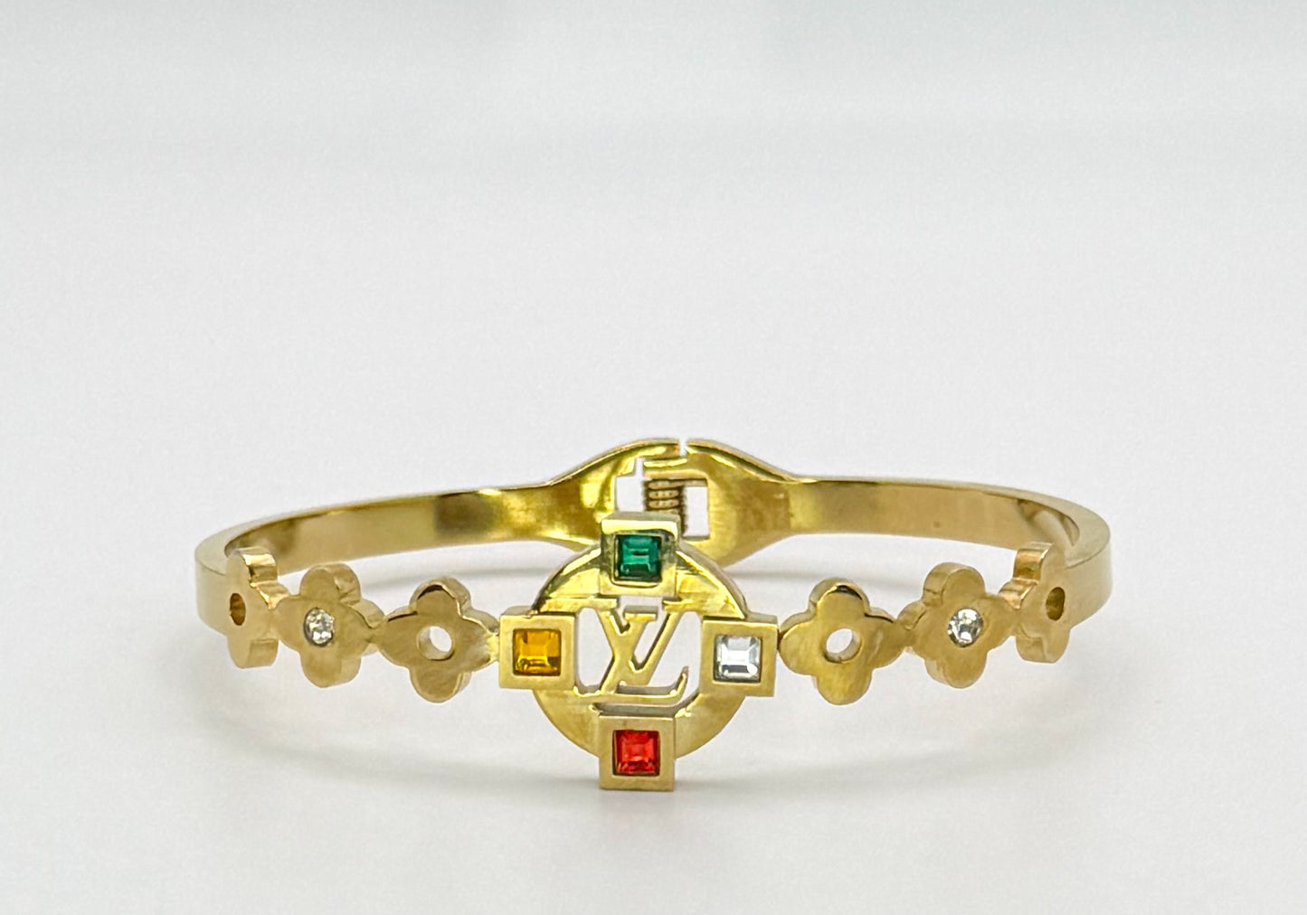 Gold LV Open Front Bangle Bracelet with Colorful Zircon