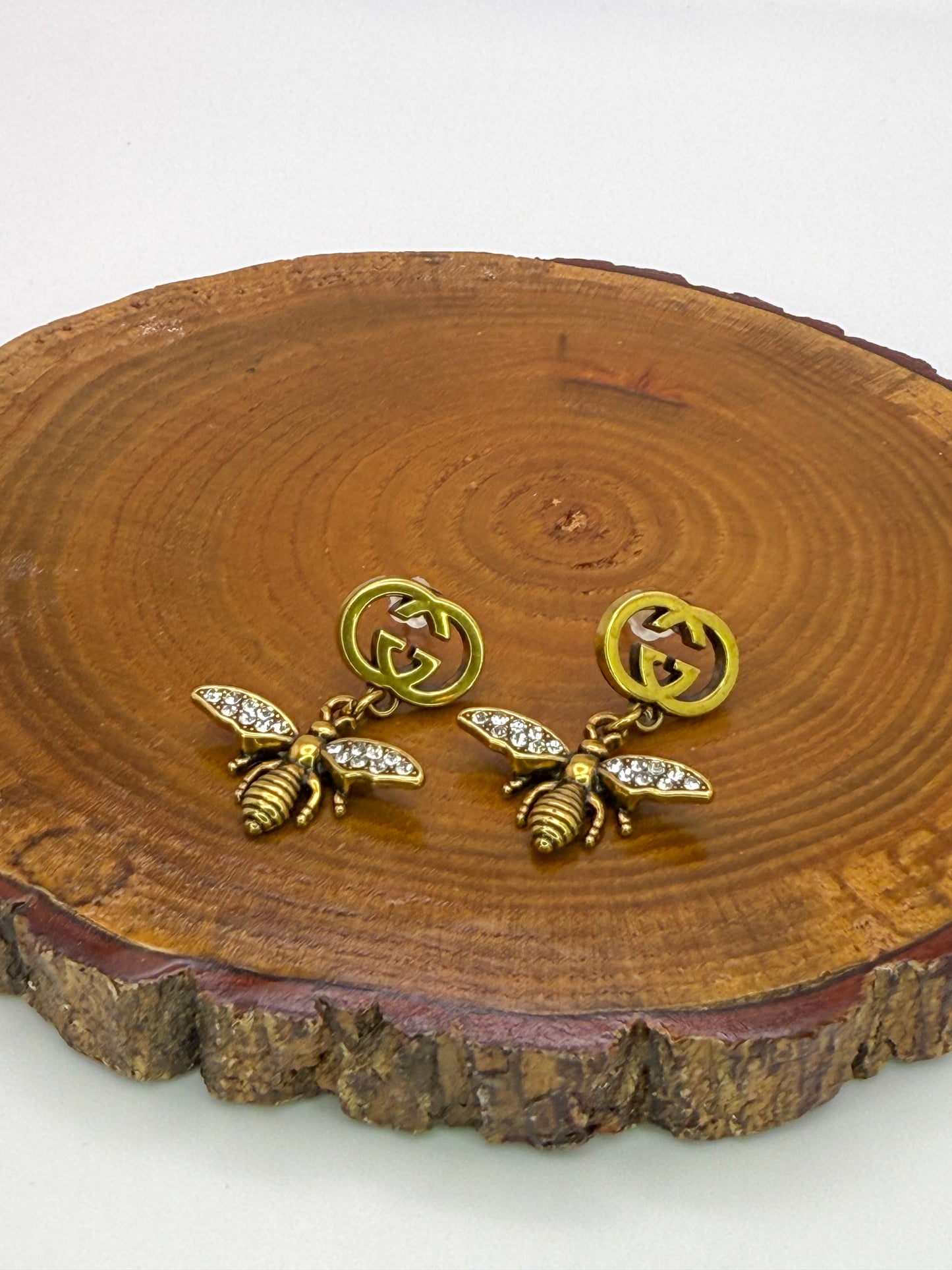 Antique Gold GG Designer Bumble Bee Stud Earrings